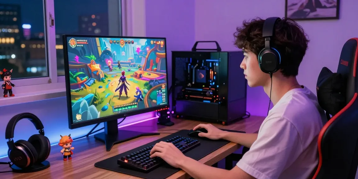 Engaged gamer focused on a colorful hentai game on a high-resolution screen, showcasing immersive fantasy elements.
