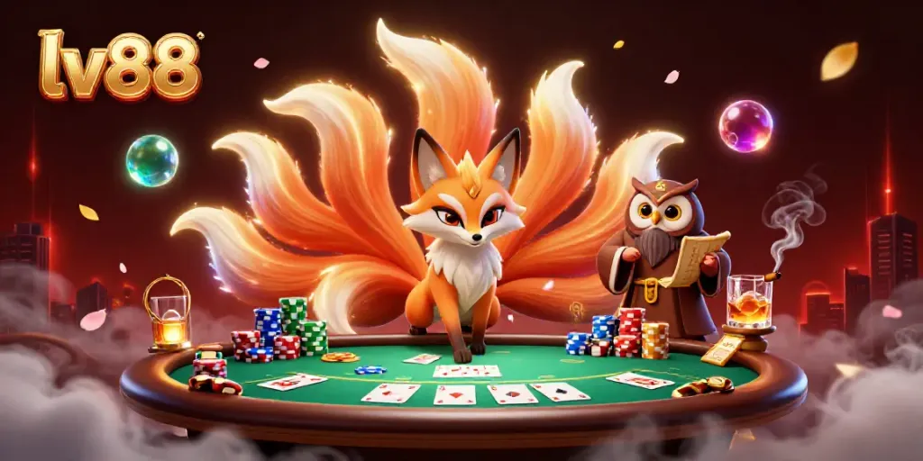 Experience the vibrant world of lv88 with a nine-tailed fox spirit and poker elements