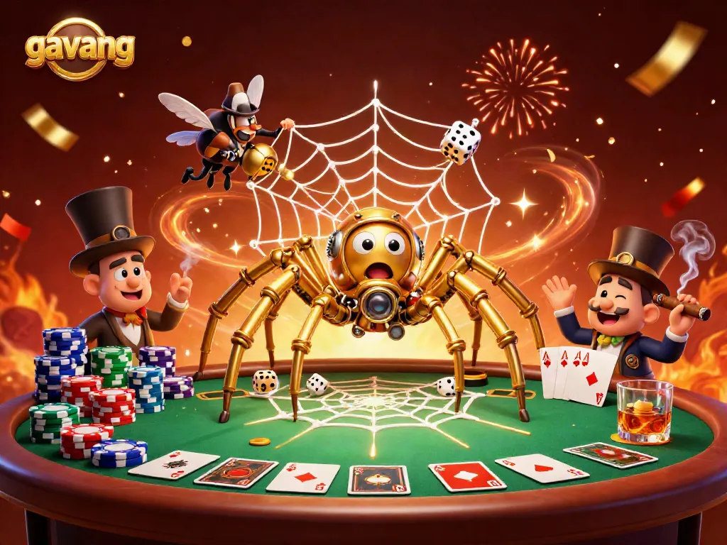 Join the action of gavang in this vibrant 3D casino scene featuring a steampunk spider and lively poker elements.