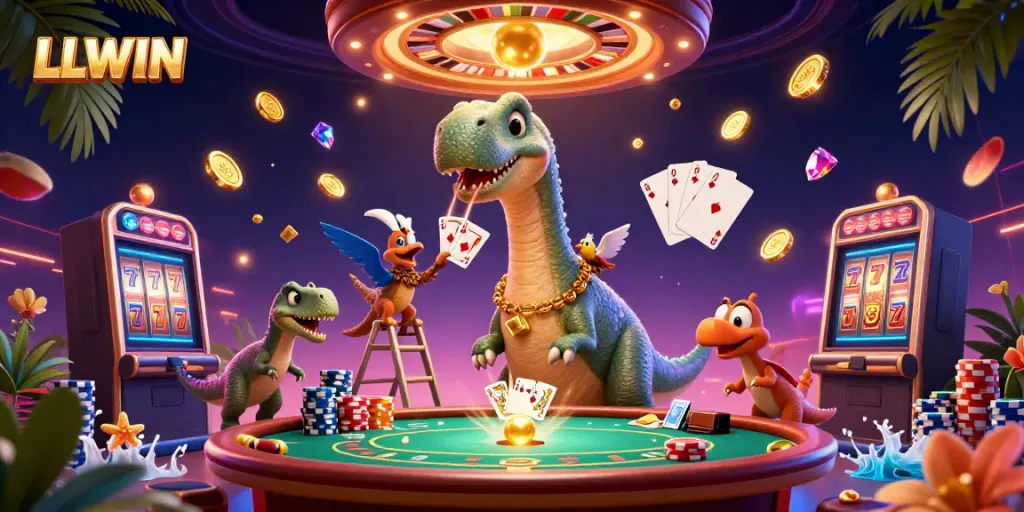 Experience thrilling gaming at LLWIN with a dynamic 3D casino scene featuring playful characters and exciting elements.