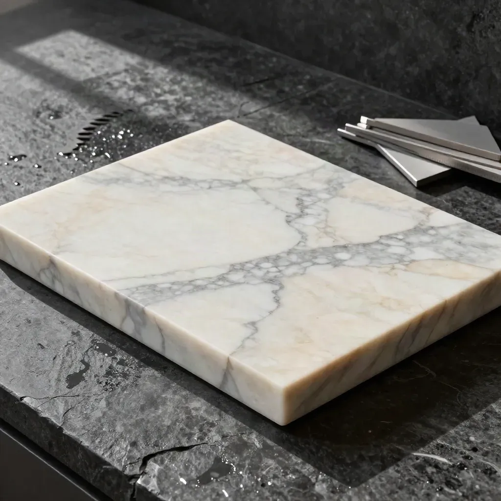 Quartz worktop samples fanned on damp stone with sink cutout and spacer, overhead flatlay.
