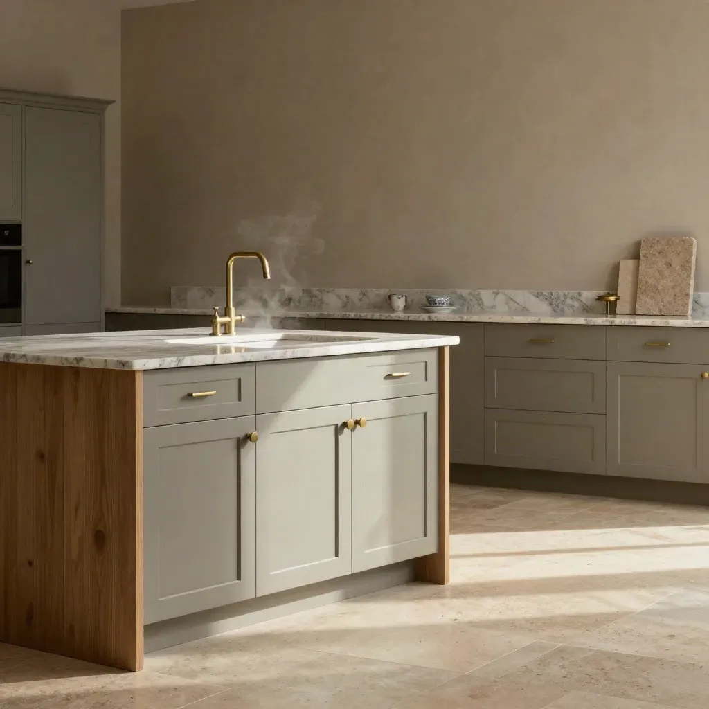 Ashford shaker kitchen pack with oak, quartz, brass and ceramic sink in sunlit studio light.