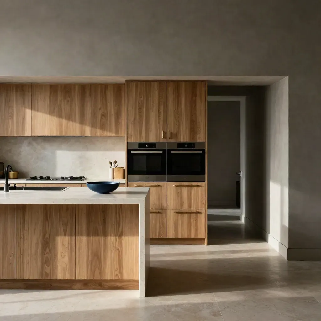 Luxury fitted kitchen with quartz island, oak cabinetry and integrated ovens in soft side light.