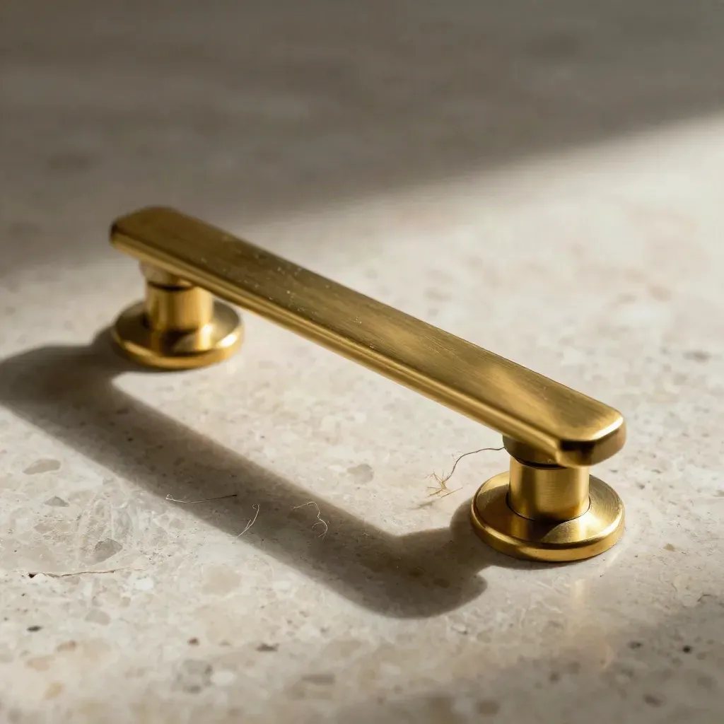 Brass kitchen handle set on pale travertine with torn paper fibers and soft shadow