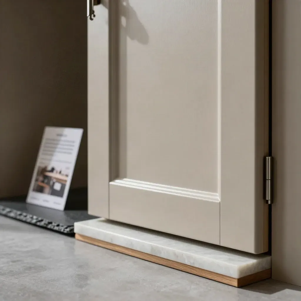 Putty shaker kitchen doors with oak edges and quartz sample on a plaster plinth