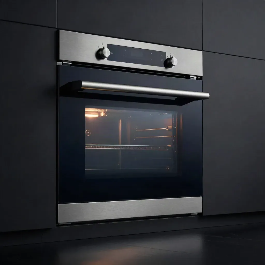 Stacked built-in double oven tower with dark glass, brushed steel and one door slightly open.