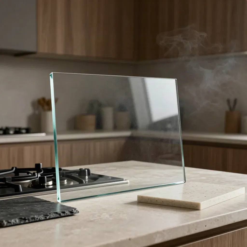 Smoked glass splashback panel beside hob sample and stone chip on a pale worktop.