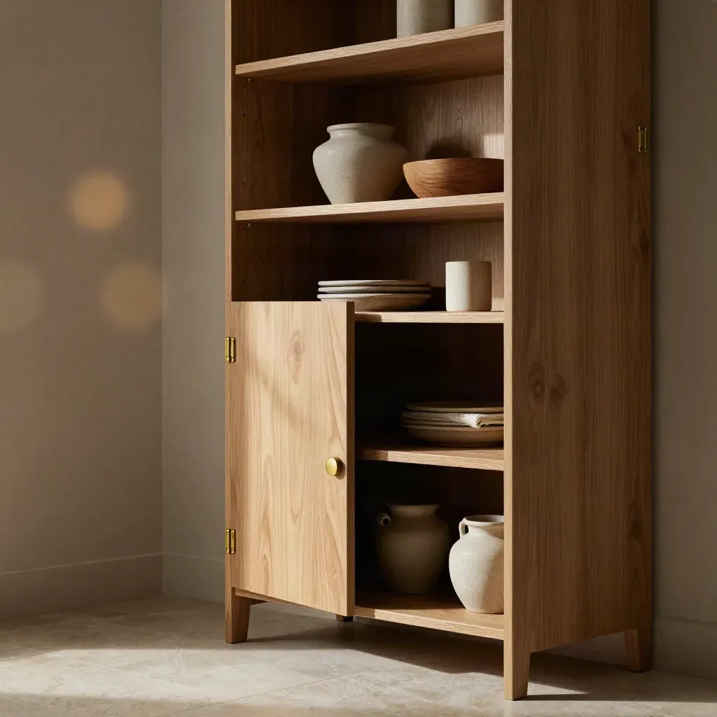 Tall oak pantry unit with open shelving and ceramic jar in a warm kitchen corner.