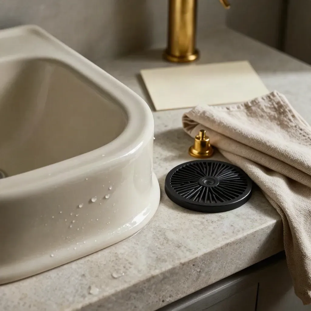 Top-down ceramic Belfast sink sample with brass waste, drainer grid and linen on pale stone.