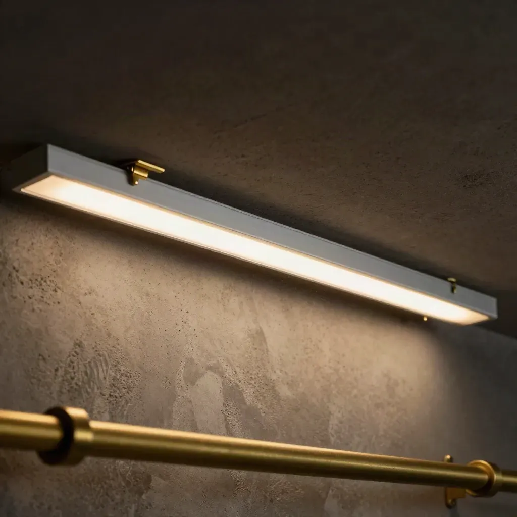 Macro of a glowing under-cabinet LED kit on dark concrete with brass clips and dust motes.
