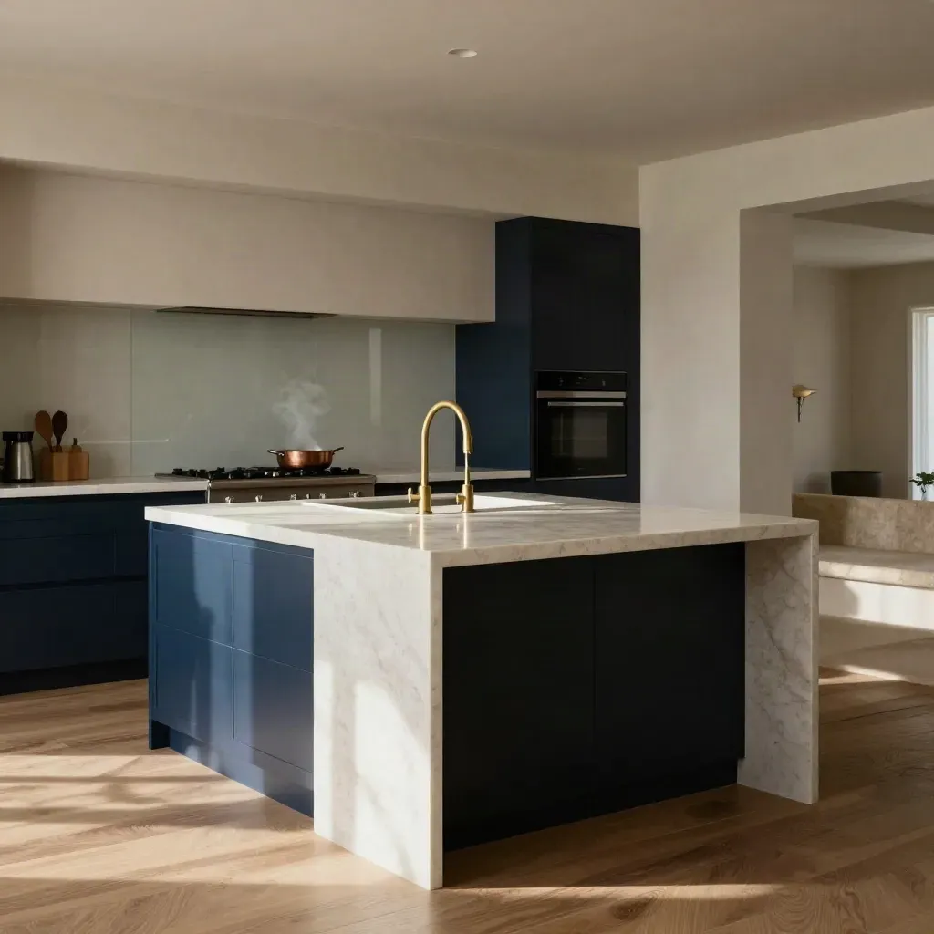 Luxury navy kitchen with quartz island, brass tap and soft steam in daylight