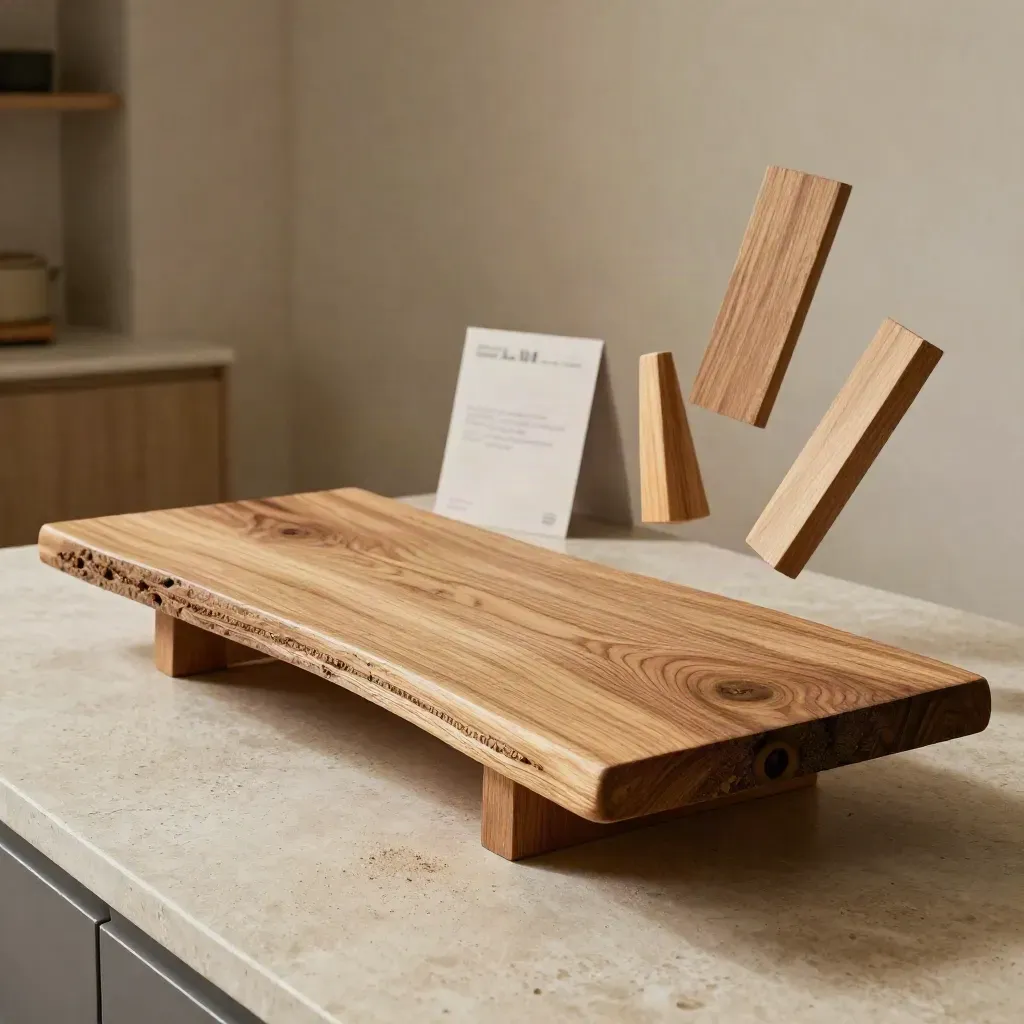 Oak breakfast bar slab with matching rail sample in a premium kitchen showroom scene.