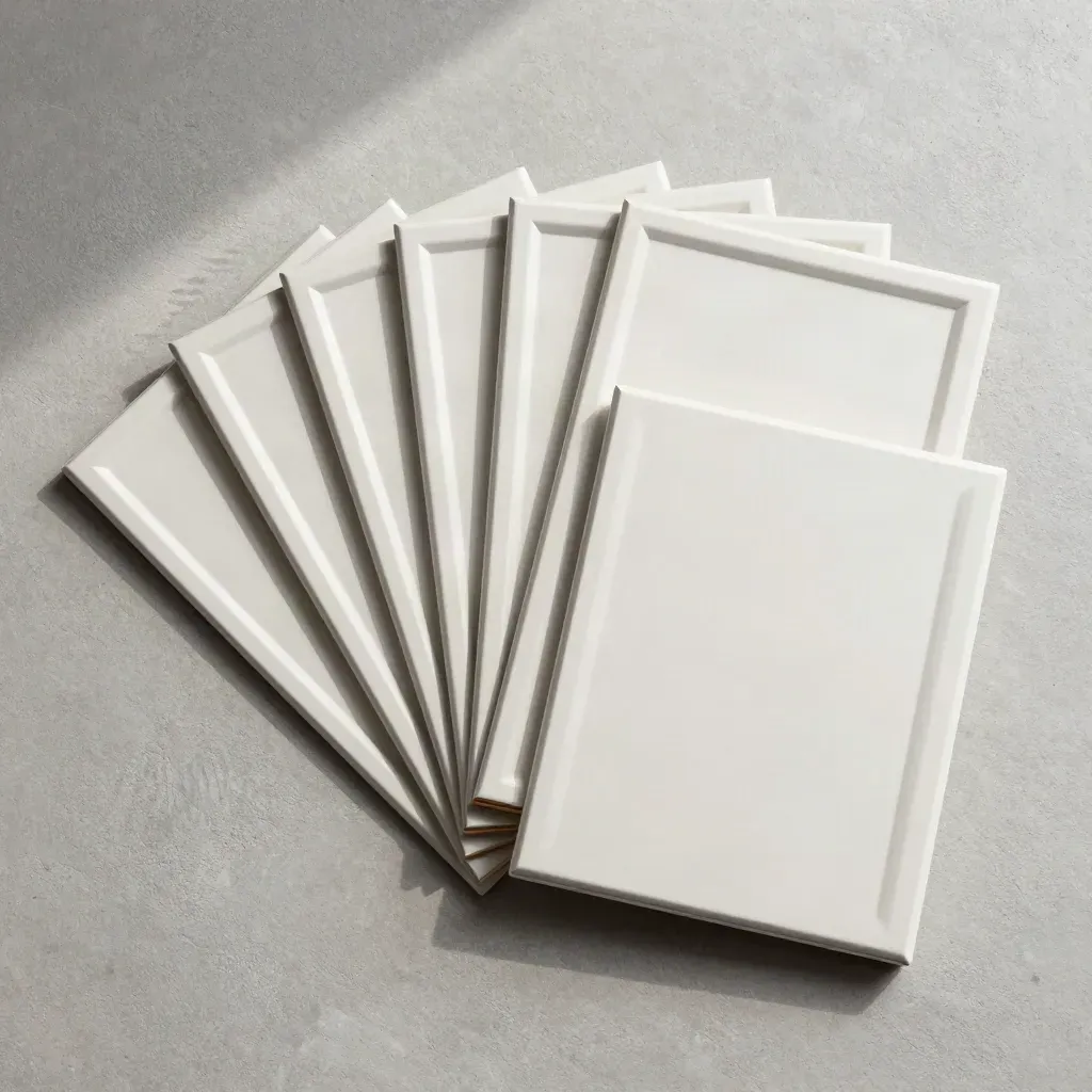 Overhead flatlay of stacked slim shaker cabinet doors on pale concrete, one lifted to show thickness.