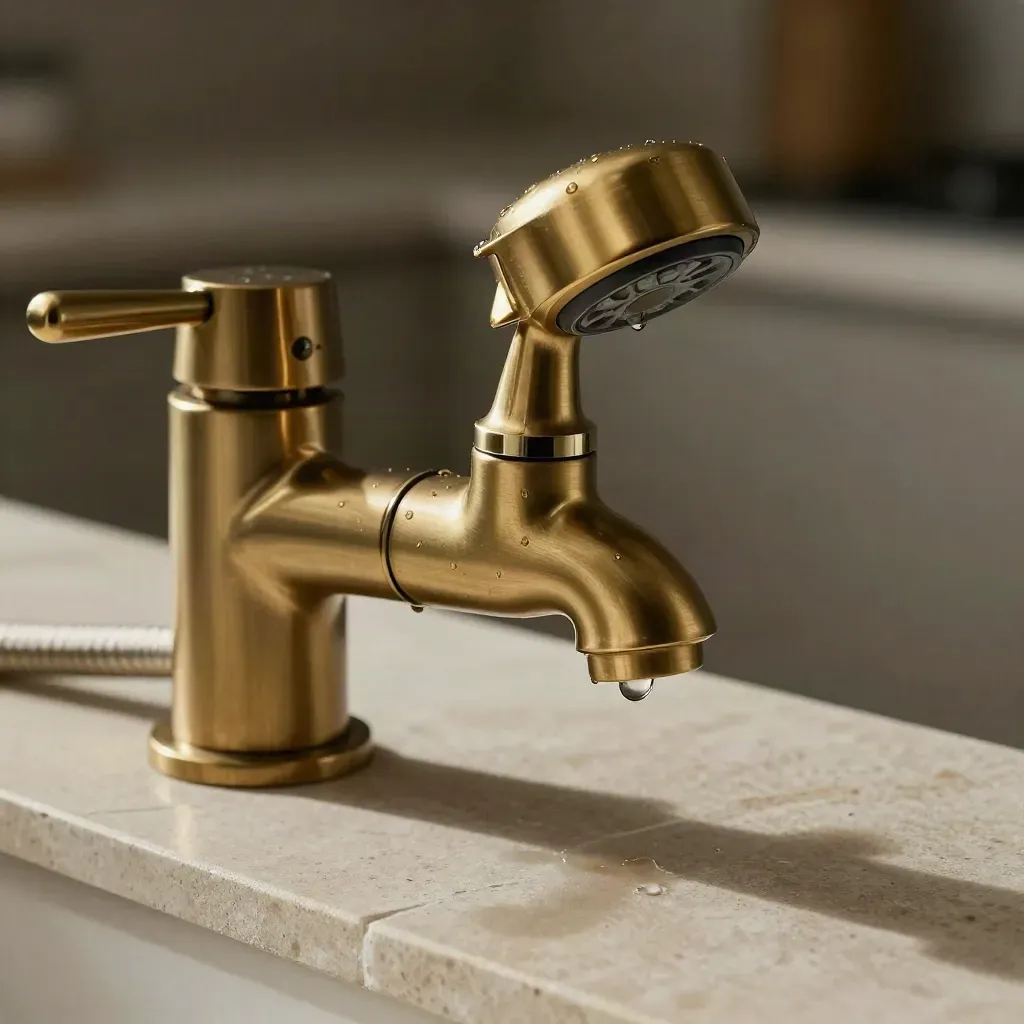Macro brushed brass tap with pull-out spray head and a droplet on pale stone.