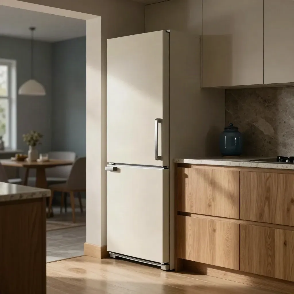 Integrated fridge freezer flush in cream cabinetry in a calm completed kitchen corner