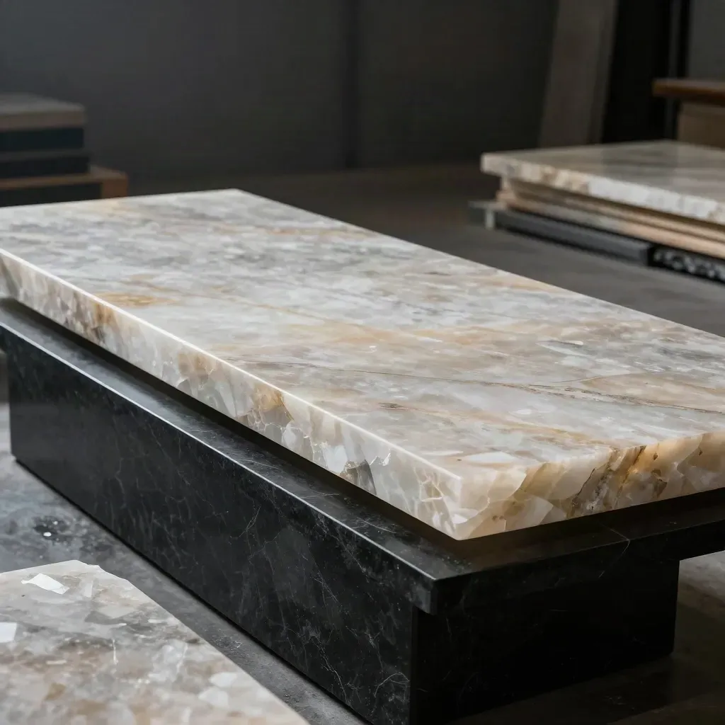 Quartz countertop sample set on a dark stone plinth with dramatic studio lighting.