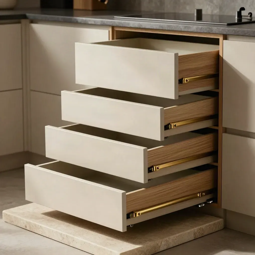 Soft-close drawer pack with six oak-lined drawers and brass runners on a limestone plinth