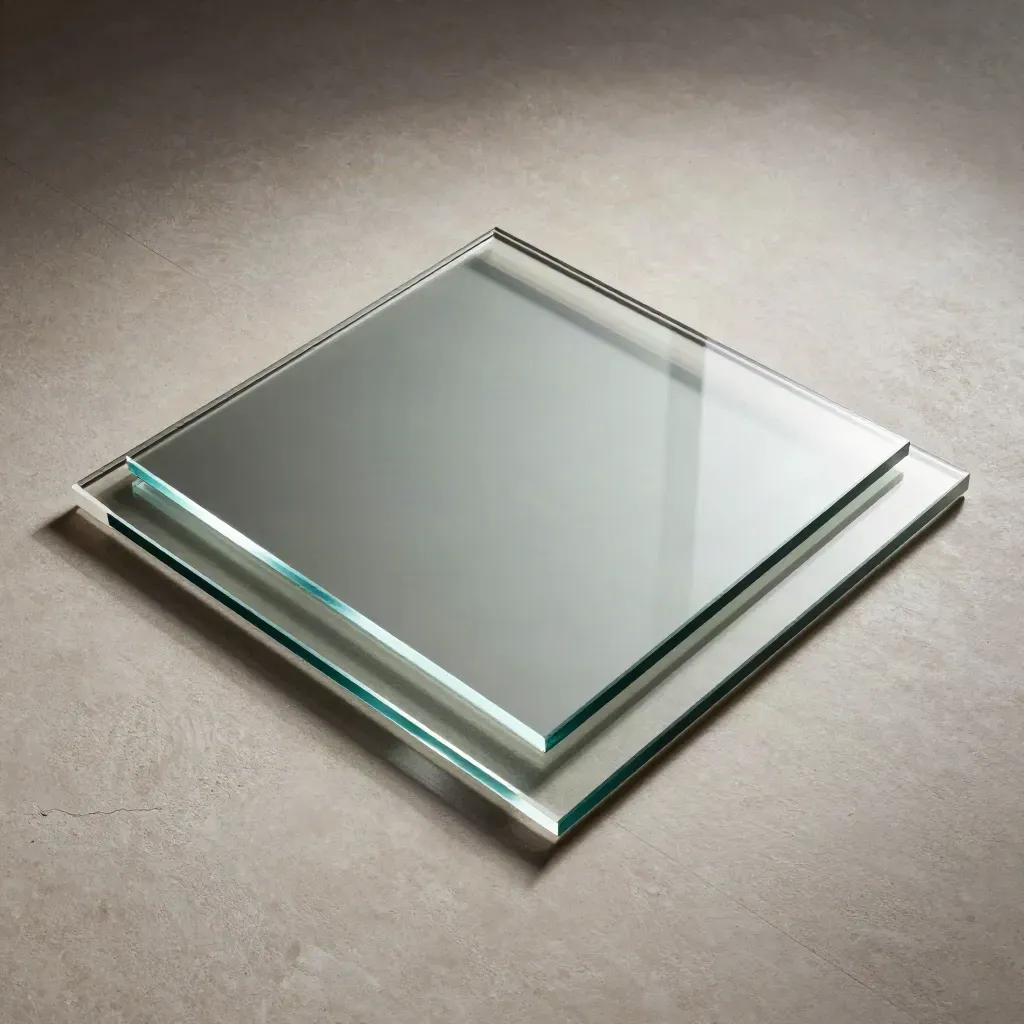 Overhead flatlay of three polished glass splashback panels with a white spacer on pale plaster.