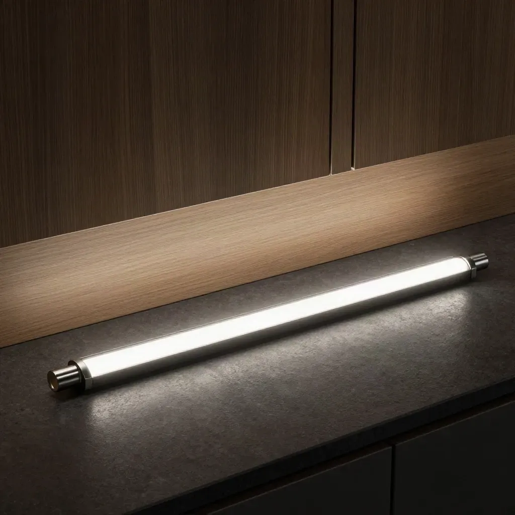 LED plinth light bars glowing under an oak cabinet on dark stone