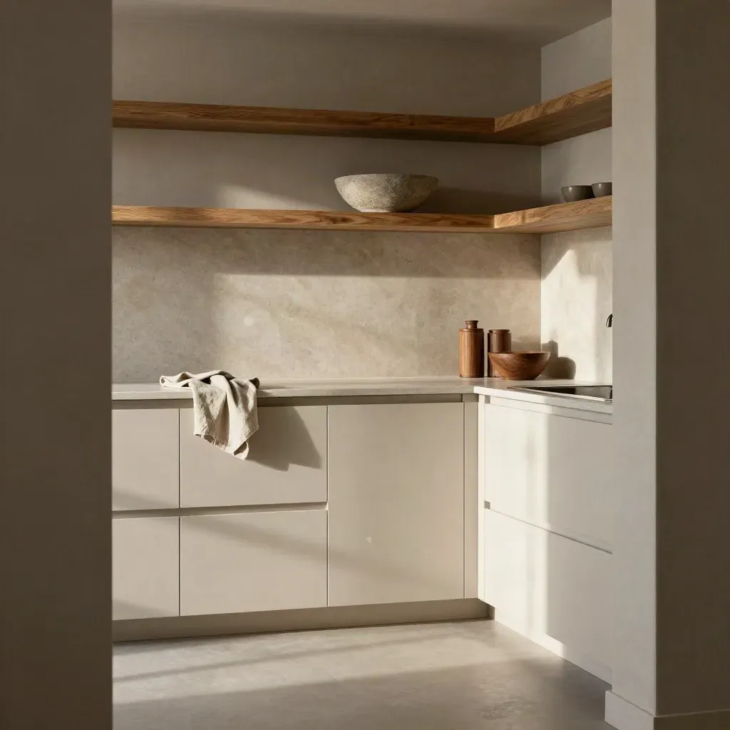 Pale shaker kitchen corner with oak shelves, cream cabinets and a sunlit stone backsplash.