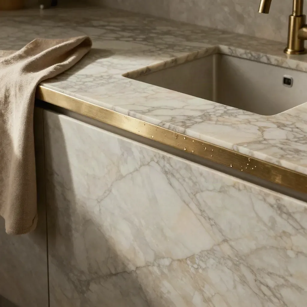 Calacatta marble worktop with brushed sink rim, linen edge and brass glints in soft light.