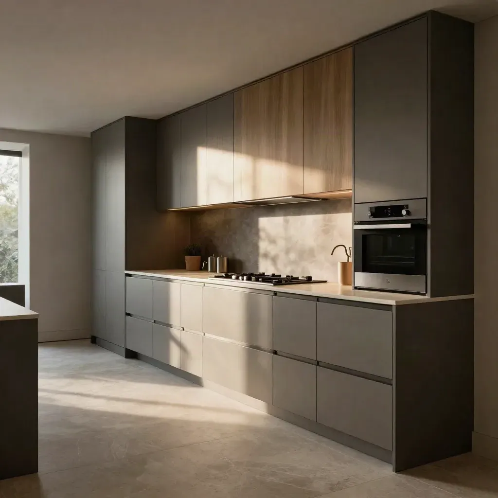 Sunlit fitted kitchen run with integrated hood, pantry and concealed appliances in a calm modern interior.