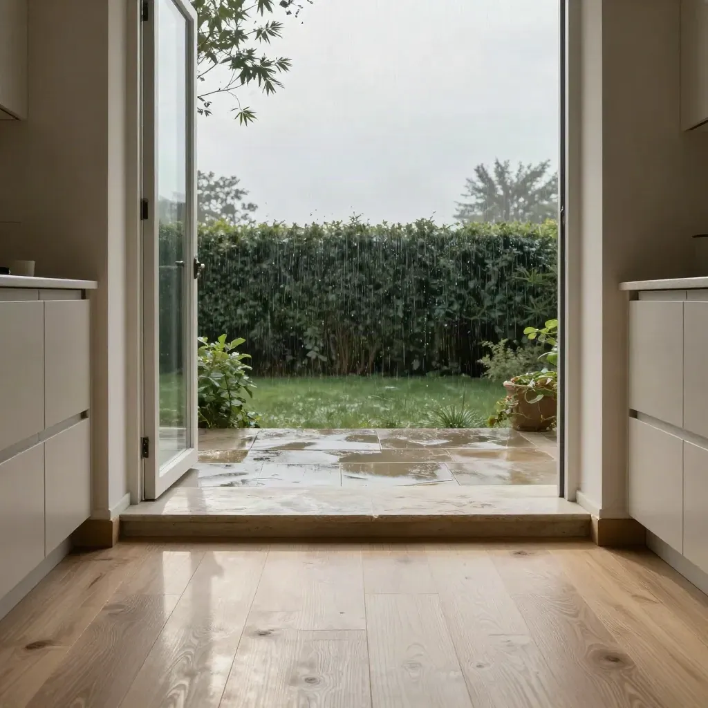 Threshold view to a wet garden hedge and pale sky, with calm kitchen floor and white glazing.