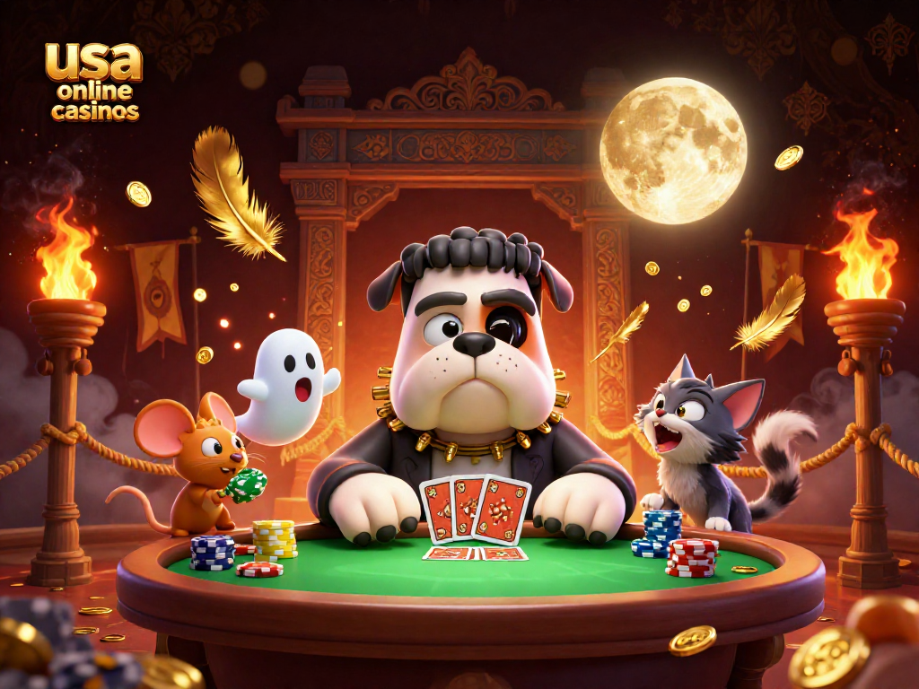 Engage in the thrill of usa online casinos with a vibrant scene featuring a Frankenstein bulldog dealer.