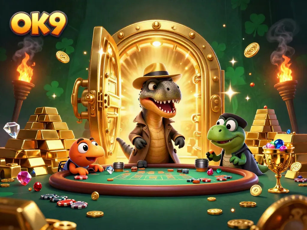 Experience thrilling casino action at OK9 with a velociraptor card counter in a lavish setting.