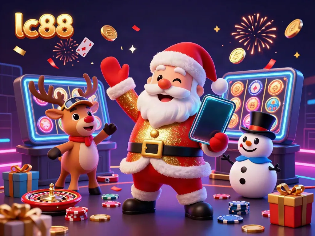 Experience the fun of lc88 casino with Santa, reindeer, and a snowman celebrating slot jackpots!