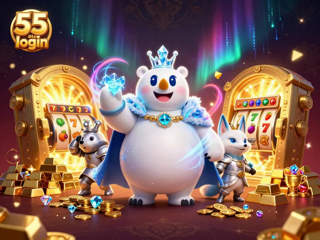 Join the exciting 55 club login journey with vibrant slot reels and royal characters amidst a treasure scene.