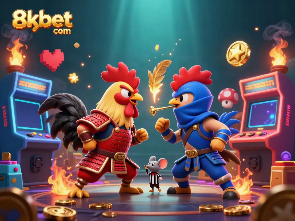Experience thrilling standoffs at 8xbet com with captivating 3D fighting rooster battle illustrations.