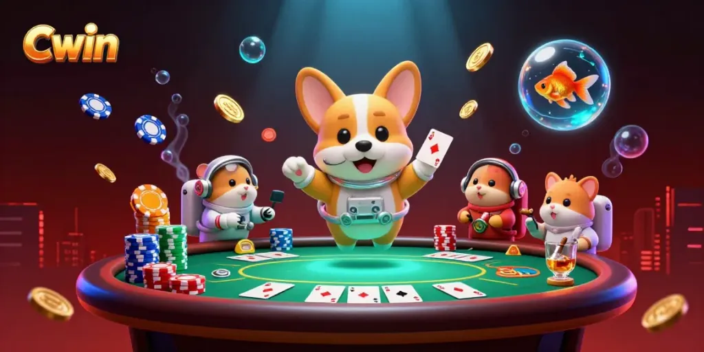 Cwin's dynamic casino scene with an astronaut corgi and mission-control hamster amidst drifting poker chips.