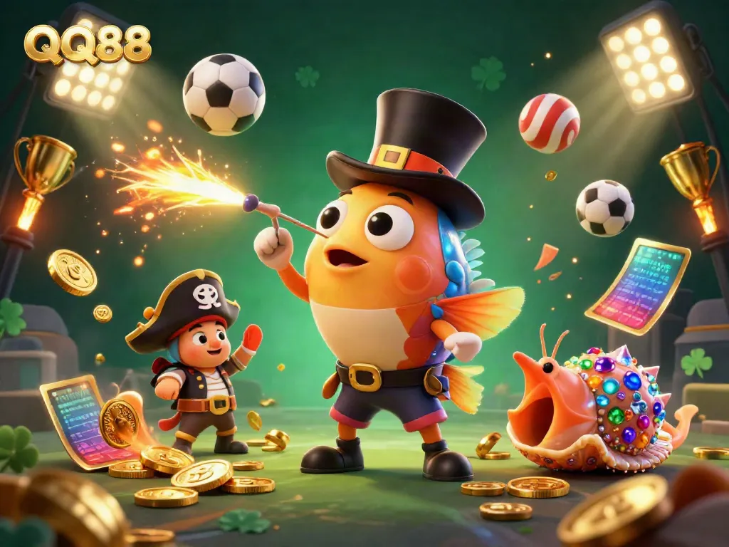 Engage in thrilling betting action at QQ88 with a vibrant 3D illustration featuring dynamic sports and casino elements.