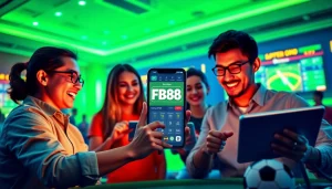 Experience the excitement of betting at Trang Chủ FB88 with users engaged on devices and lively sports elements.