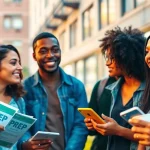 Young adults discussing HIV prevention strategies at https://talkprep.org/ in a vibrant urban setting.
