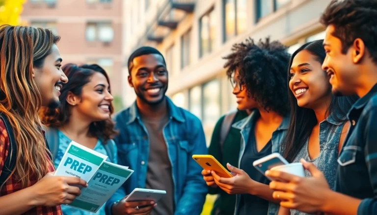 Young adults discussing HIV prevention strategies at https://talkprep.org/ in a vibrant urban setting.