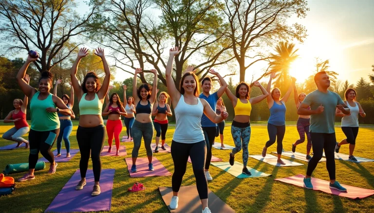 Group exercising outdoors, promoting effective weight loss strategies and healthy living.