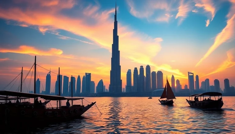 Experience the captivating Dubai skyline at sunset while you travel to Dubai, featuring Burj Khalifa.