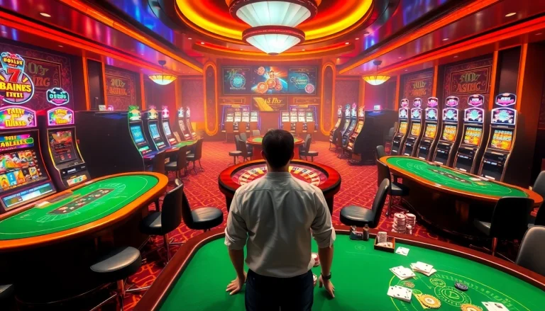 Experience the excitement of Trang Chủ FB88 with vibrant casino scenes filled with poker chips, roulette wheels, and eager players.