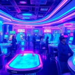 Experience new technology in a futuristic casino with holographic tables and patrons using AR headsets.