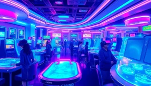 Experience new technology in a futuristic casino with holographic tables and patrons using AR headsets.