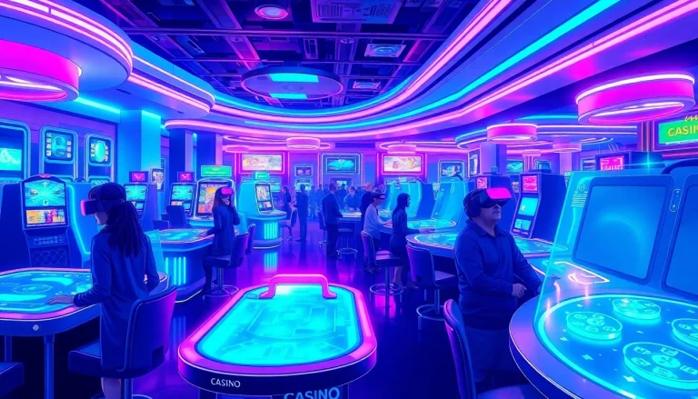 Experience new technology in a futuristic casino with holographic tables and patrons using AR headsets.