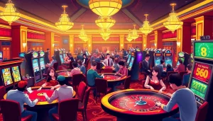 Experience the excitement of gambling with 'link vào 69VN' in a lively casino setting featuring poker, roulette, and slot machines.
