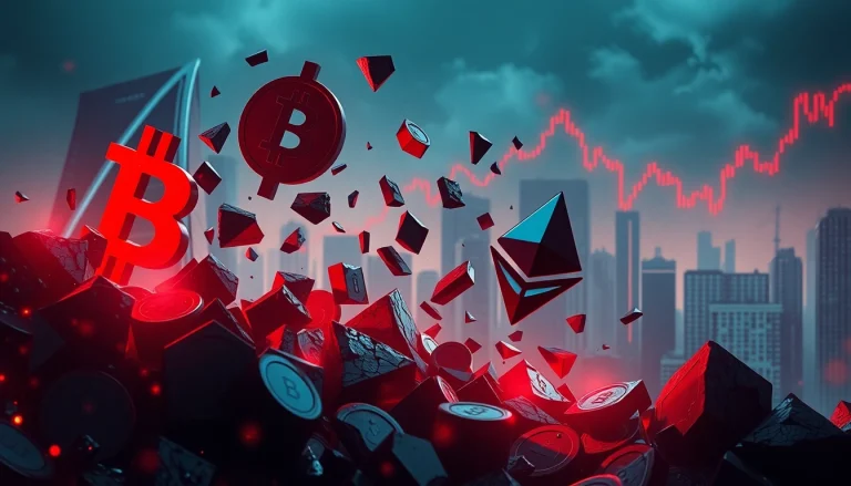Visualizing the crypto crash with fractured currency symbols amid a city skyline.