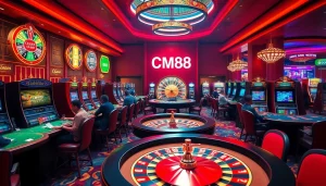 CM88 signifies excitement at a casino table, showcasing players and games like poker and roulette.