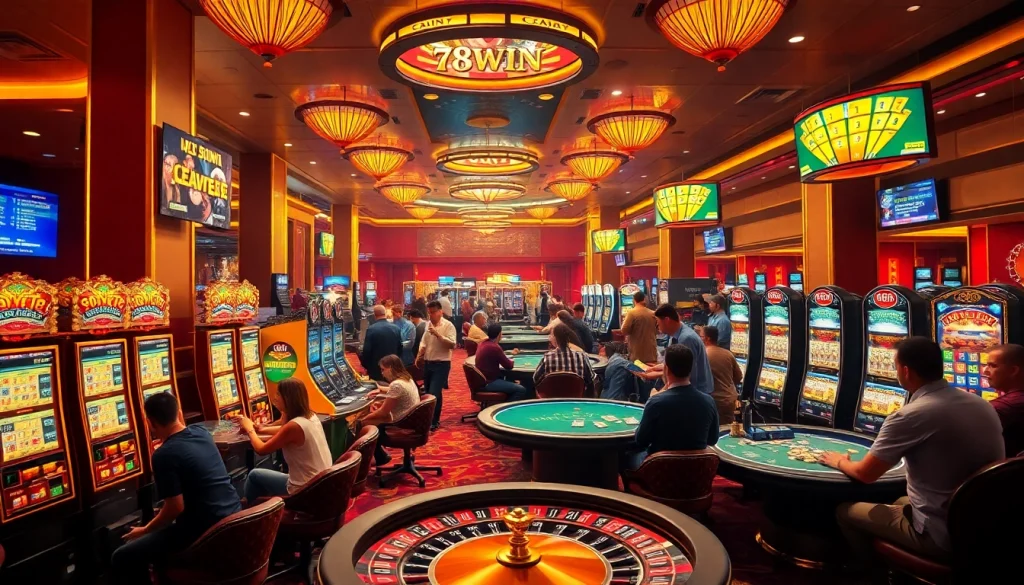Players enjoying a thrilling experience at 78WIN casino, surrounded by vibrant gaming machines and tables.