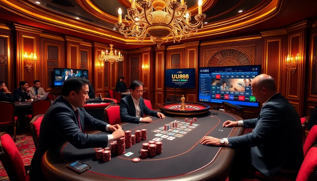 UU88 poker players engage in a thrilling high-stakes game with colorful chips and cards.