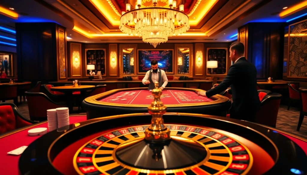 Experience the thrill of EV88 with professional dealers at a luxurious casino table, surrounded by elegant decor.