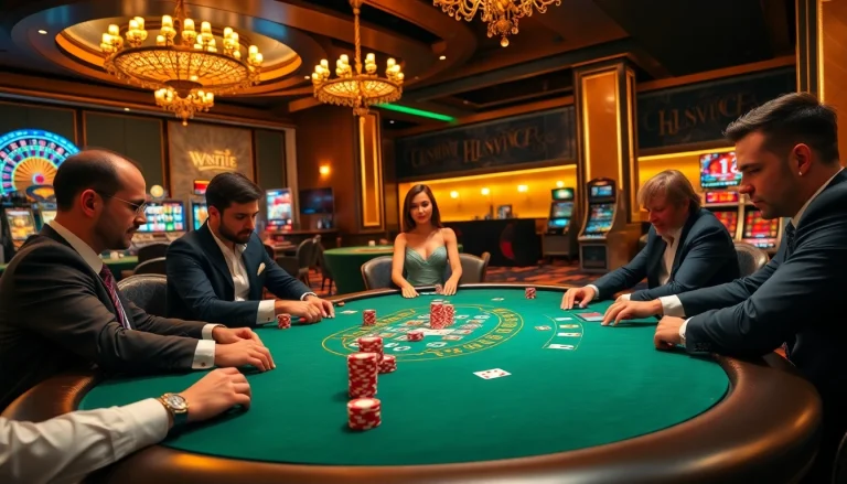 Experience the excitement of casino five88 with players engaged at a high-stakes poker table.